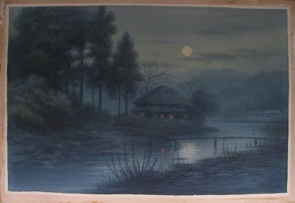 Farmhouse by stream in moonlight