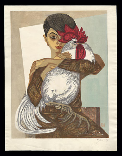 Katsuko, holding a rooster