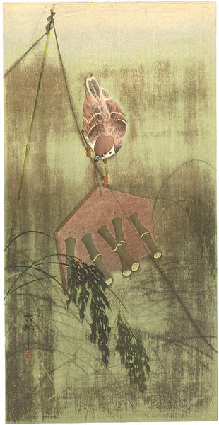 Tree sparrow on a wind-chime scarecrow