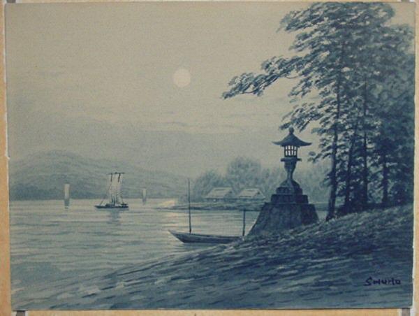 Moonlit harbour with sailboats
