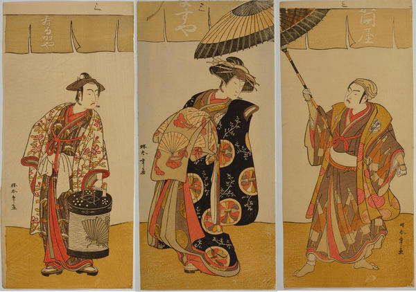 Actors Ichimura Uzaemon 9 (Right), Segawa Kikunojo 2 (Center) and Ichikawa Yaozo 2 (Left) - triptich