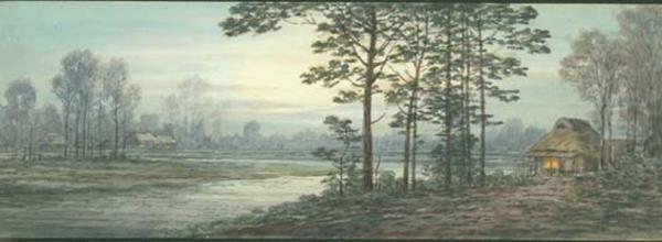 Hut by river at dawn