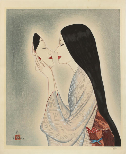 Woman holding a Noh mask