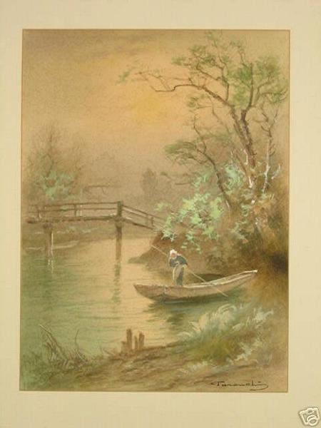 Boat navigating river with bridge