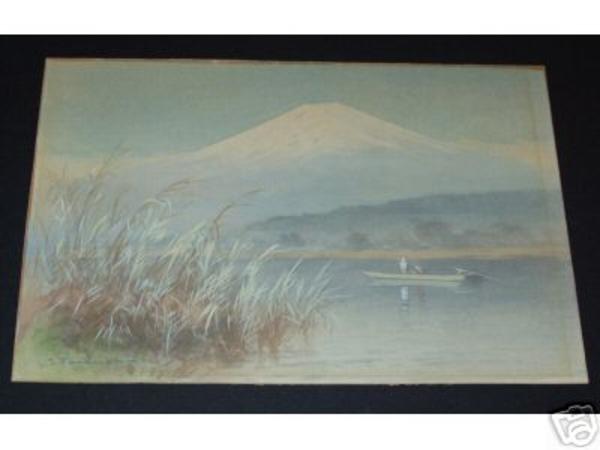 Fuji and lake with boat
