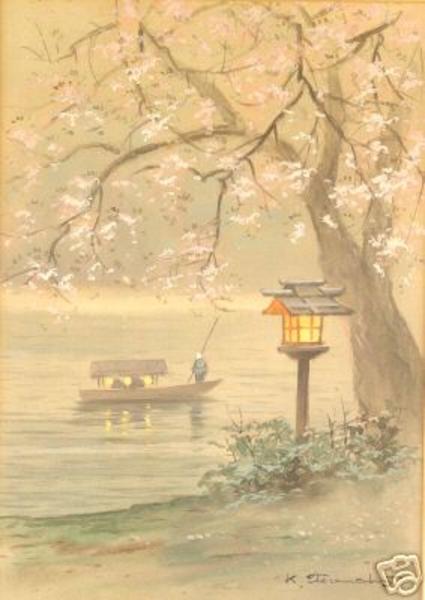 Spring cherry lantern and river boat