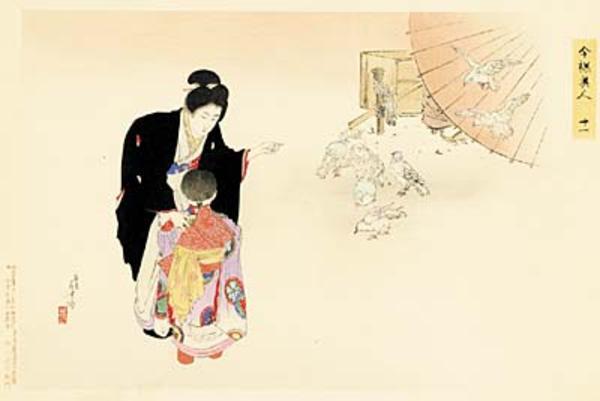 11- A lady shows a little girl a flock of pigeons