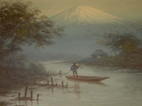 Boatman on stream near Mt Fuji