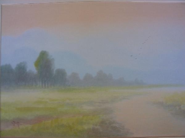 Misty Morning with Birds in Flight