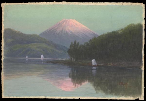 Mt Fuji from Lake with sailboats