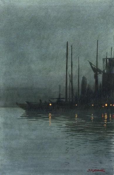 Ships in harbour at night