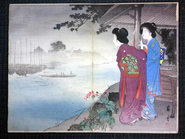 Two Bijin by Seashore at Sunset