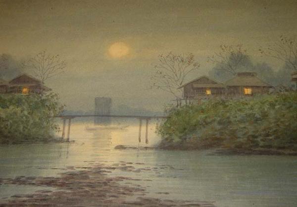 Village and sailboat under moonlight