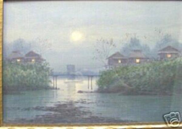 Village by river at night