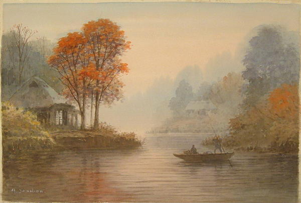 A boat traversing a river in the Autumn