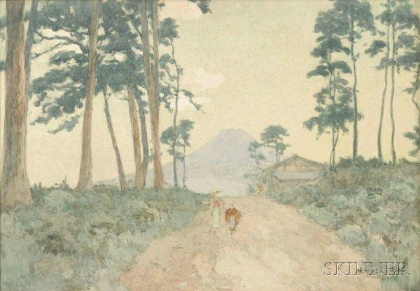 Farmhouse and figures on a tree-lined path overlooking Mt. Fuji