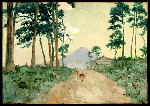 Farmhouse and figures on a tree-lined path overlooking Mt. Fuji