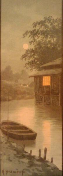 Evening moon lit boat and house scene