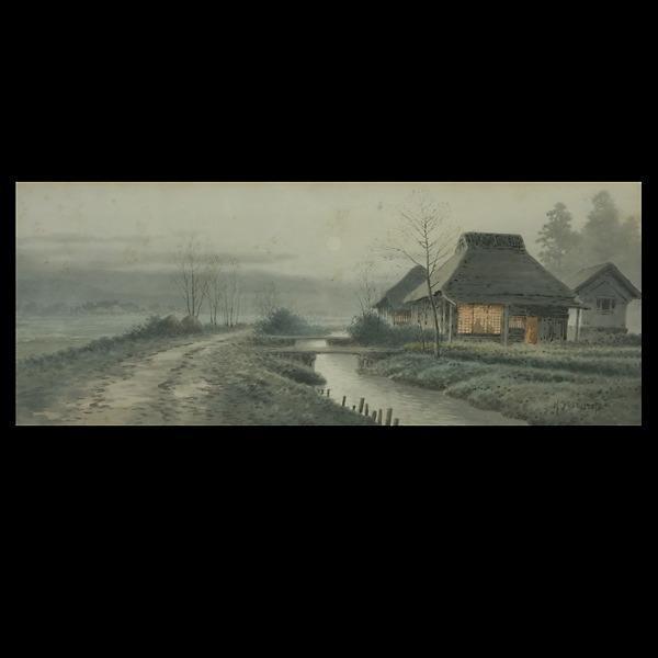 Farm by river at dawn